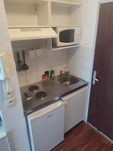 een kleine keuken met een wastafel en een magnetron bij Les écrins in Lourdes