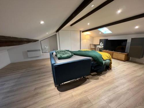 a bedroom with a bed and a television in it at Kiss Cool - Loft en centre ville in Saint-Dizier
