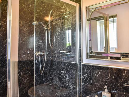 a bathroom with a shower and a mirror at Little Glengyre Farm in Kirkcolm