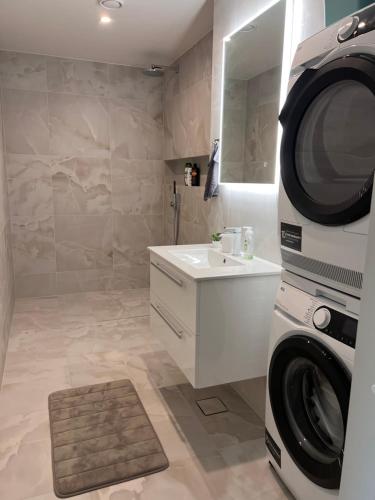 a bathroom with a washing machine and a sink at Kuuse apartment in Pärnu