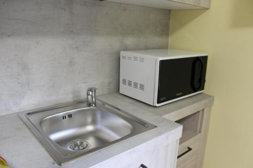 eine Küchentheke mit einer Spüle und einer Mikrowelle in der Unterkunft Residence La Noce con Angolo Cottura in Chivasso