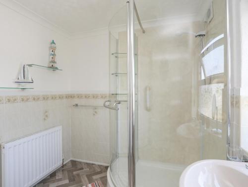 a bathroom with a shower and a toilet and a sink at Morlais Voice of the Sea in Aberffraw