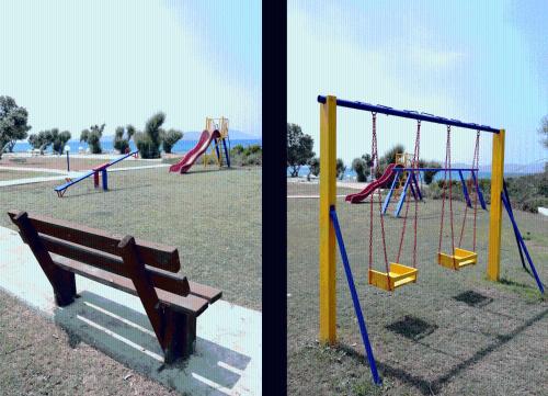 two pictures of a park with a bench and swings at Byron Apartments in Tigaki