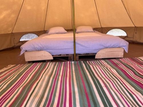 a bed in a tent with a striped carpet at 't Schaaphof Tent en Ontbijt in Deinze