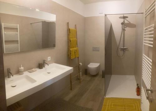 a bathroom with a white sink and a toilet at Les Terrasses de Sax in Dinant