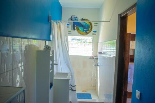 La salle de bains est pourvue d'une douche et d'un rideau de douche. dans l'établissement VILLA MIA, à Nosy Be