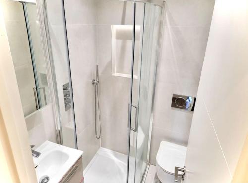a bathroom with a shower and a toilet and a sink at Luxuries 2 Bed Room Flat in Canary Wharf in London