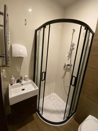 a bathroom with a shower and a sink and a mirror at Aparthotel Łódź 55 Piotrkowska in Łódź