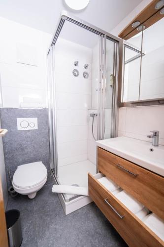 a bathroom with a shower and a toilet and a sink at CityWohnungFN mit TG-Parkplatz in Friedrichshafen