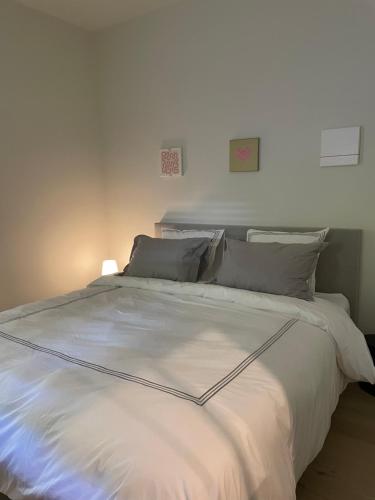 een slaapkamer met een groot wit bed met kussens bij Le loft du Castel Mosan in Namen