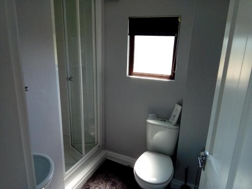 uma casa de banho com um WC, um chuveiro e uma janela. em Annex @ 433 