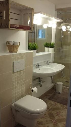 une salle de bain avec toilettes et lavabo dans l'établissement Le Temps Des Cerises., à Vinsobres