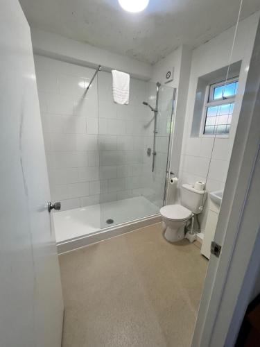 a bathroom with a shower and a toilet at The Admirals Inn Guest House in Bracknell