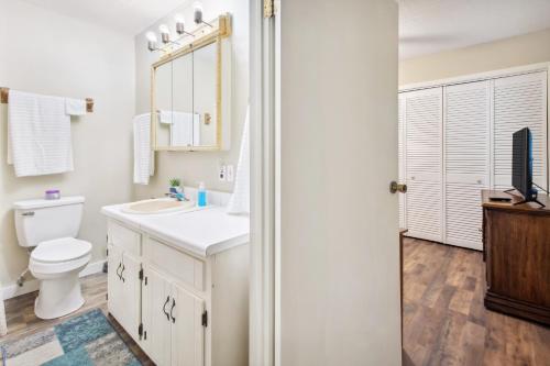 ein Badezimmer mit einem Waschbecken, einem WC und einem Spiegel in der Unterkunft Charming Pocahontas Escape Near Historic Downtown! in Pocahontas