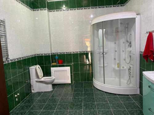 baño de azulejos verdes con ducha y aseo en Astara Paradise Villa en Astara