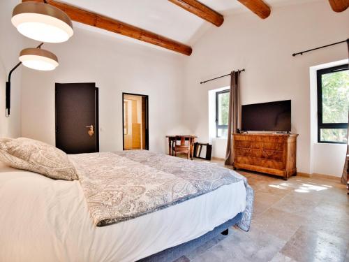 Schlafzimmer mit einem Bett und einem Flachbild-TV in der Unterkunft La bambouseraie de sulauze in Miramas
