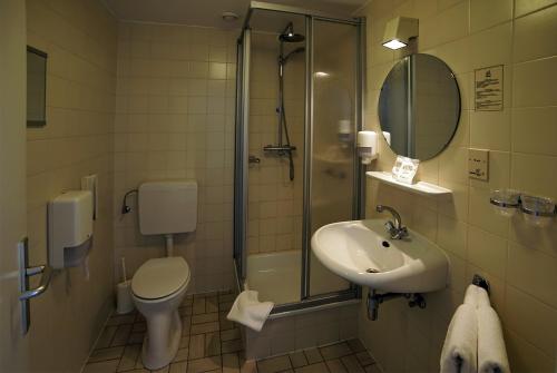 a bathroom with a toilet and a sink and a shower at Abdij Hotel Rolduc in Kerkrade