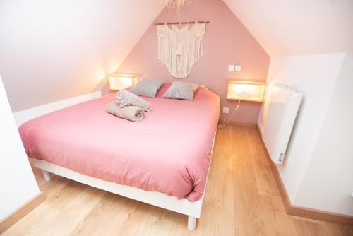 - une chambre avec un grand lit et des draps roses dans l'établissement Grand Duplex Gare TGV & Centre ville par Groom*, à Lorient