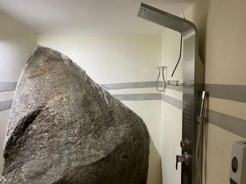a bathroom with a large rock on the wall at Sindu Grand Cabana Bentota in Bentota