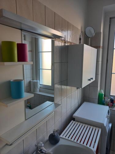 a bathroom with a sink and a mirror at Appartement St. Leonhard in Graz