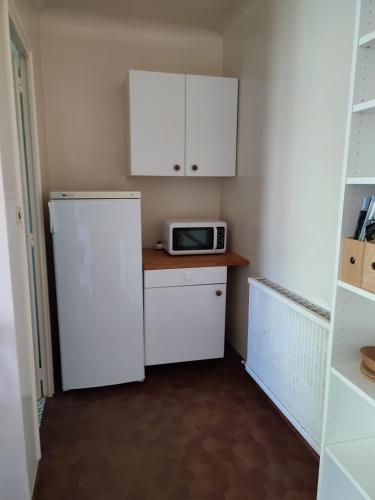 Il comprend une petite cuisine équipée d'un réfrigérateur blanc et d'un four micro-ondes. dans l'établissement appartement à Capbreton en lisière de la forêt, à Capbreton