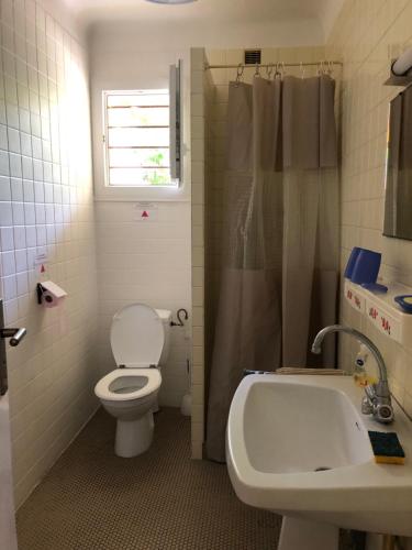 une salle de bain avec toilettes, lavabo et fenêtre dans l'établissement appartement à Capbreton en lisière de la forêt, à Capbreton