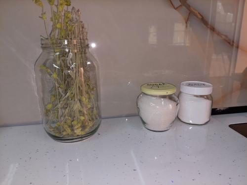 two jars and a vase of flowers on a counter at Saranda Boutique Hostel in Sarandë