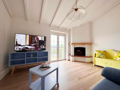 een woonkamer met een tv en een open haard bij Montinelle Apartament in Manerba del Garda