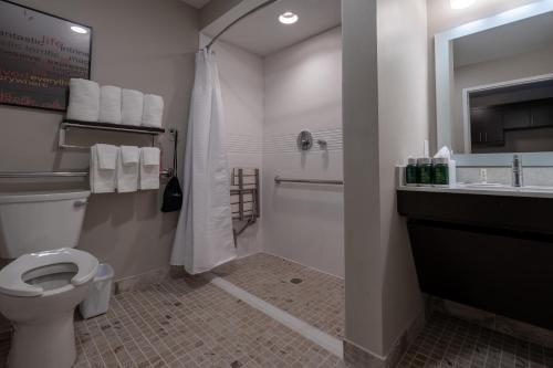 a bathroom with a toilet and a shower and a sink at TownePlace Suites by Marriott Clinton in Clinton