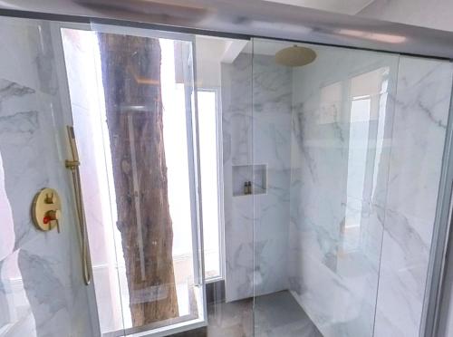 a bathroom with a shower with a glass door at Hacienda Valentino in San Cristóbal de Las Casas