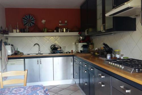 - une cuisine avec des placards en acier inoxydable et une cuisinière dans l'établissement Hâvre de paix dans un écrin de verdure, à Avignon