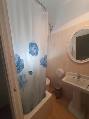 a bathroom with a shower with a toilet and a sink at Hostel Pilgrim's in Navarrete