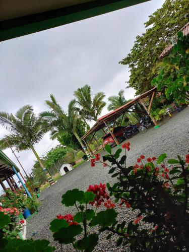a bridge in a garden with flowers and palm trees at Finca Hotel el Vergel Filandia Quindio in Filandia