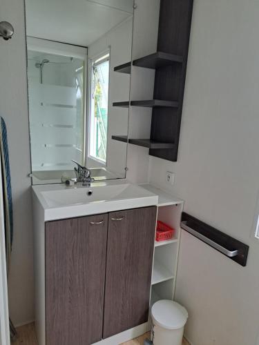 ein Bad mit einem Waschbecken und einem Spiegel in der Unterkunft Mobile home à louer Les Sables d'Olonne - Vendée in La Pironnière