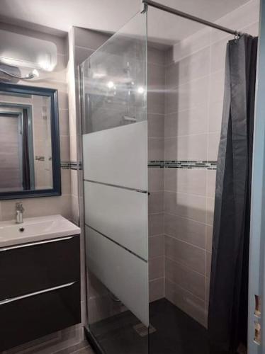 a bathroom with a shower and a sink at Logement plage in Saint-Cyprien