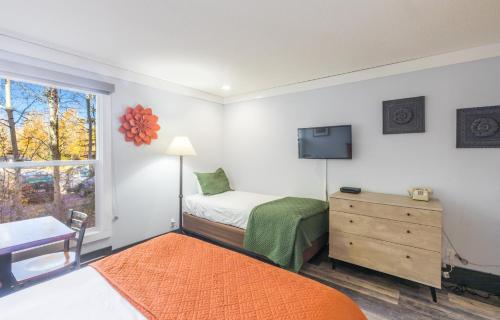 a bedroom with a bed and a dresser and a tv at Mountainside Inn 103 by Alpine Lodging Telluride in Telluride