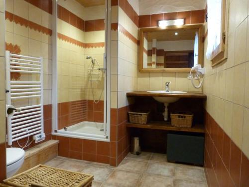 La salle de bains est pourvue d'une douche, de toilettes et d'un lavabo. dans l'établissement Les 4 saisons - luxury 3-bed apt with sauna, à Sainte-Foy-Tarentaise