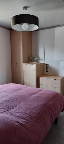 sypialnia z dużym łóżkiem i fioletowym kocem w obiekcie Chalet la landaise en bord du lac de Peyre à Labouheyre w mieście Labouheyre