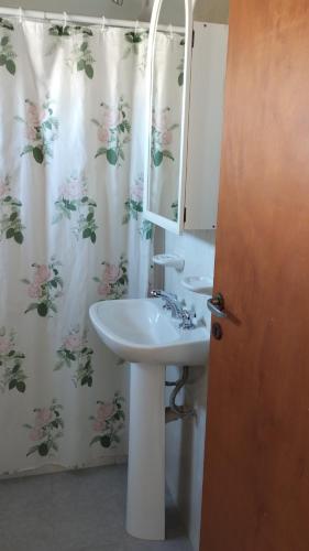 een badkamer met een wastafel en een douchegordijn bij APA Jazmín Sur 1 y 2 - tranquilo complejo residencial in Puerto Madryn
