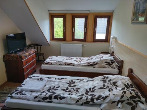 a bedroom with two beds and a tv and windows at Bike Stop Duna in Dunaszentmiklós