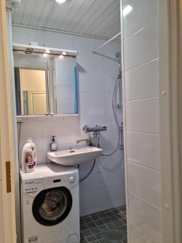 ein Badezimmer mit einer Waschmaschine und einem Waschbecken in der Unterkunft Kompakti yksiö pienkerrostalossa in Pori