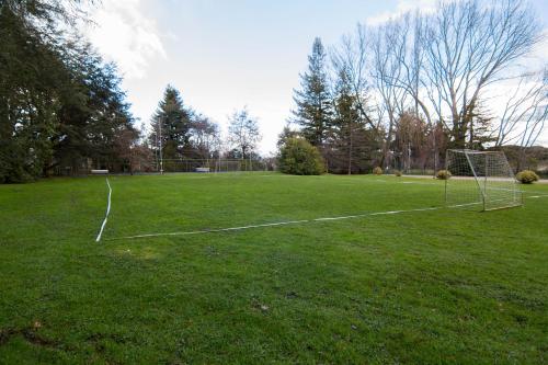 a soccer field with a net in the grass at Hotel y Cabañas Lago Ranco - Caja los Andes in Futrono