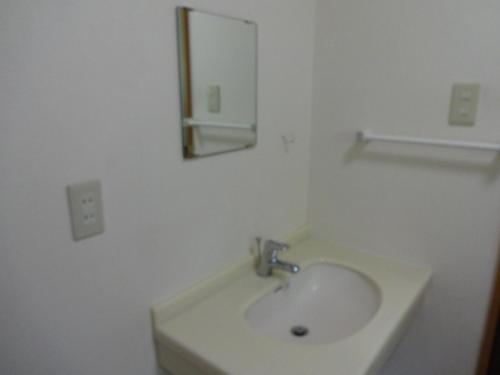 a white bathroom with a sink and a mirror at Mantenbo in Hachijo