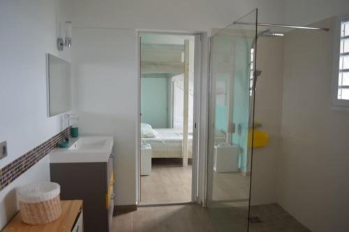 uma casa de banho com uma cabina de duche em vidro e um quarto em Villa Madjic em Sainte-Luce