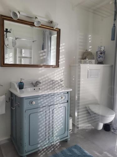 a bathroom with a sink and a mirror and a toilet at BALTHAZAR, das kleine Hotel Iphofen in Iphofen