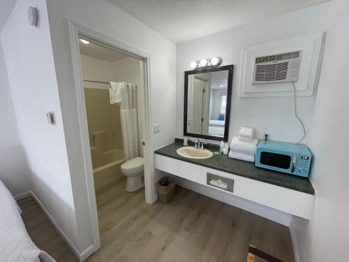a bathroom with a sink and a microwave on a counter at Poolside Double Rooms in Lake City