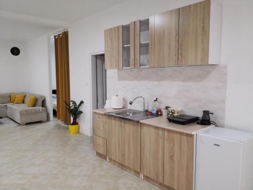 a kitchen with wooden cabinets and a sink in a room at Apartman MAJ in Bijelo Polje