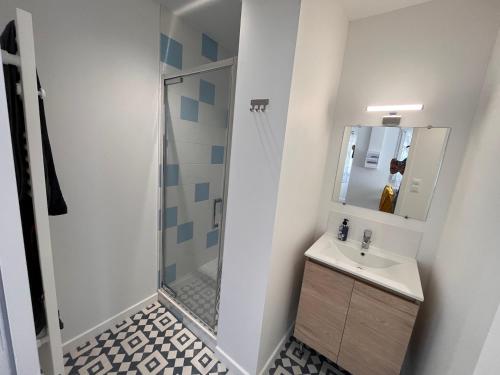 Un baño con ducha, lavabo y espejo. en Studio récent, entièrement équipé, proche Chantiers et Airbus, en Saint-Nazaire