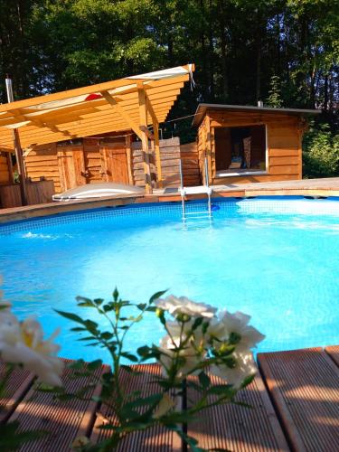 a large swimming pool with a wooden pergola at OSADA POD LASEM in Andrychów