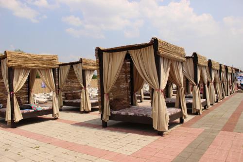 a row of beds with curtains on a sidewalk at Flamingo Resort in Belgrade